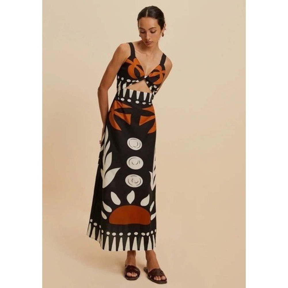Commense Cutout Maxi Dress Womens XS Black Abstract Graphic Twist Front NWT